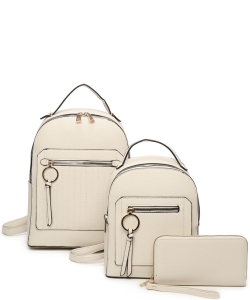 3in1 Pebble Stripe Quilted Backpack Set LF21034T3 BEIGE
